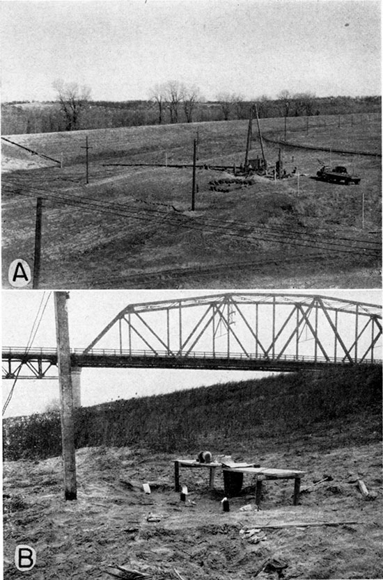 Two black and white photos; view of drilling rig in river valley with levee in background; close=up of three wells in river valley with bridge in background.