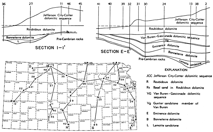 Index map shows rest of sections; section E runs from Cherokee to Brown counties; section I runs from Kiowa to Phillips counties.