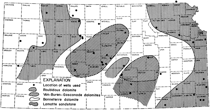 Wells scattered throughout state; Roubidoux in central Kansas; Lamotte in western, far eastern, and Reno-McPherson area; Van Buren-Gasconade in south-central; Bonneterre in rest of state.