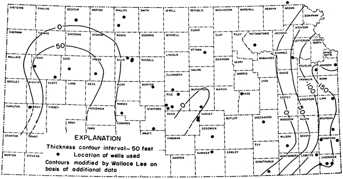 Wells scattered throughout state; thickness of 50 in western counties of Logan, Gove, Trego south to Finney and Gray; drops to 0 in Reno; thickens again east of line from Montgomery to Brown counties.