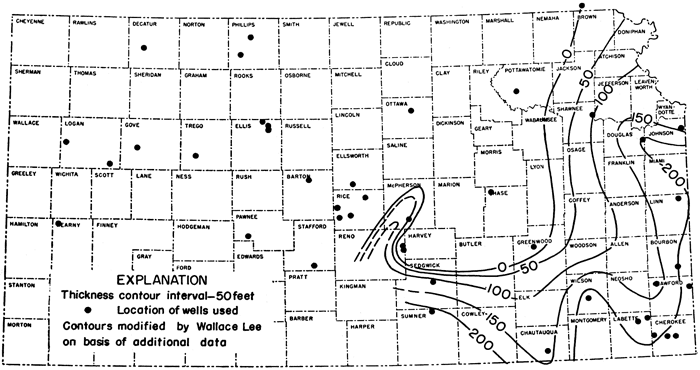 Wells scattered throughout state; thickness of 0 from Harvey, Greenwood, Wabaunsee, to Brown; thickens to east and southeast (200 feet in Douglas, Linn, Cherokee, and Cowley.