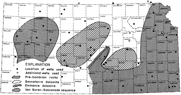 Wells scattered throughout state; Pre-Cambrian in central Kansas; Van Buren-Gasconade in east; Eminence in part of western Kansas.