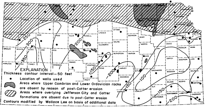 Wells scattered throughout state; Roubidoux as thick as 350 in Kearny, Finney, and Scott counties; drops to low of 100 in Butler, Grenwood, Coffey, and Osage; rises again to southeast.