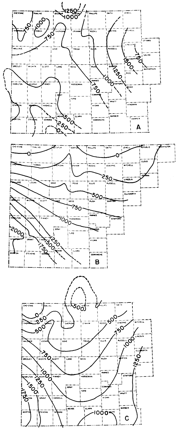 Top: Stone Corral at Dakota time was highest in Reno, Barton, Russell, Osborne, drops off on either side; Dakota highest to southwest, zero at KS-NE border; Stone Corral now highest in far SW Kansas, drops off to north