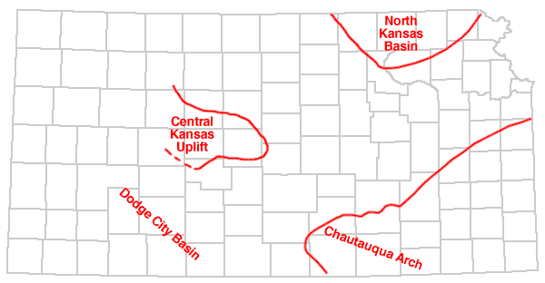 Central Kansas uplift in Barton and Rush, heading to NW; Chautauqua arch borders all of SE Kansas; North Kansas Basin in same area as SE Nebraska arch of prev. figure.