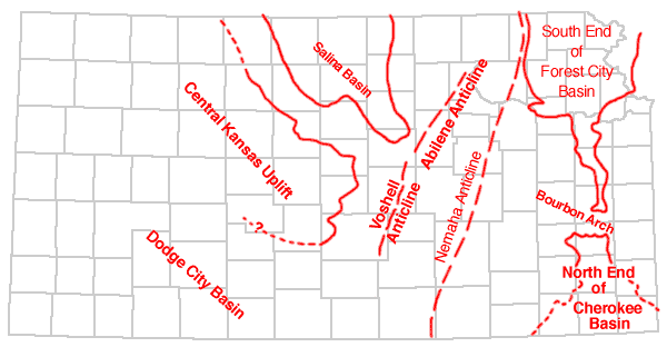 Central Kansas uplift in Barton and Rush larger than in previous figure; Cherokee Basin in SE and Forest City basin in NE aeparated by Bourbon arch; Nemaha anticline in east-central Kansas; Salina basin in north-central Kansas with two anticlines to SE.