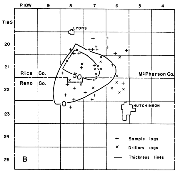 Limestone lentil of Chattanooga shale is as thick as 50 feet at intersection of McPherson, Rice, and Reno counties; thins to zero by a township north and south of that point.