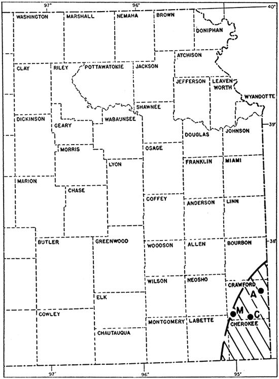 Map of eastern Kansas showing study area in parts of Cherokee, Crawford, Bourbon, and Labette counties.