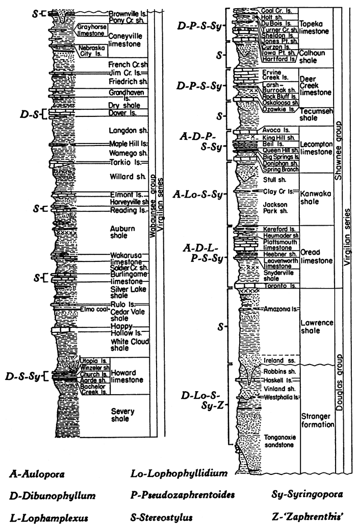 Locations and types of corals shown; from top, Wabaunsee group, Shawnee group, and Douglas group.