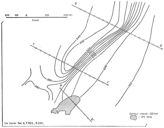 Structure contours on the surface of the Mississippian limestone and location of traverses.