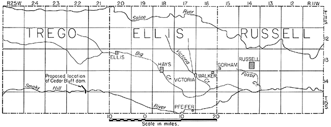 Map of Trego, Ellis, and Russell counties, Kansas, showing the location of the proposed Cedar Bluff dam and near-by cities and towns.