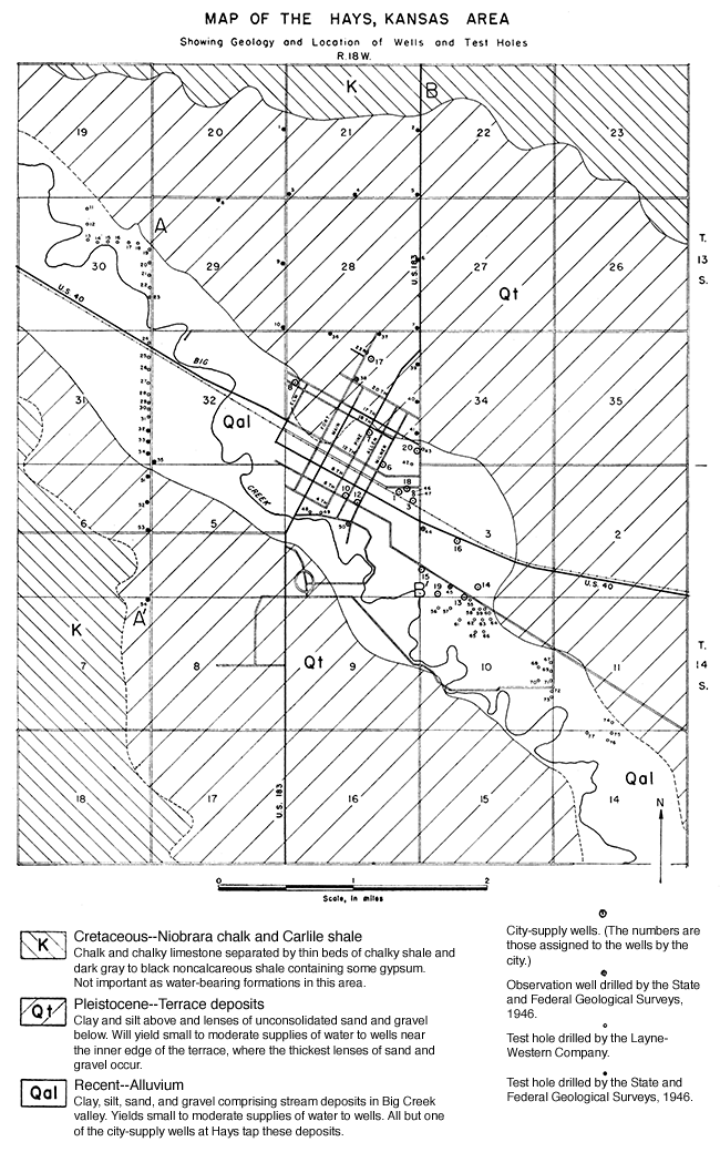 Map of the Hays, Kansas, area showing geology and location of wells and test holes. 