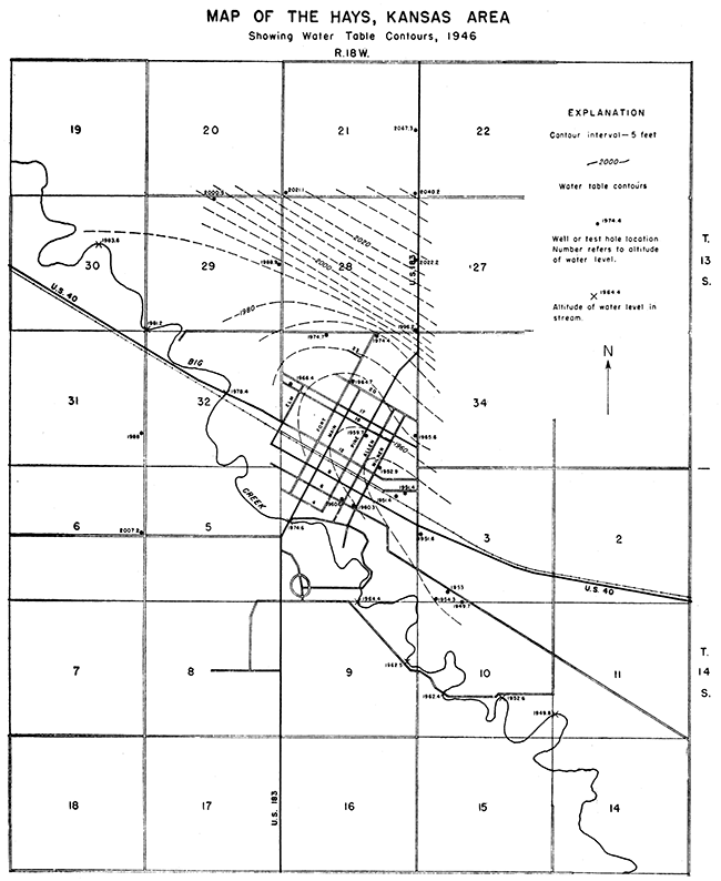Map of the Hays, Kansas, area showing water-table contours, 1946.