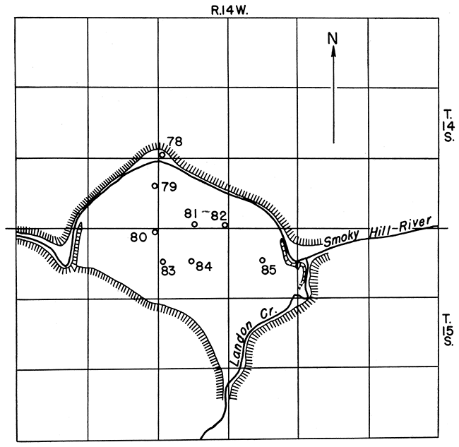 Locations of test holes 78 to 85 near the confluence of Landon Creek and Smoky Hill River, Russell County.