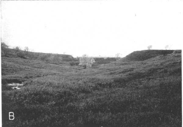 Black and white photo, view up ravine towards low hills, northern McPherson County