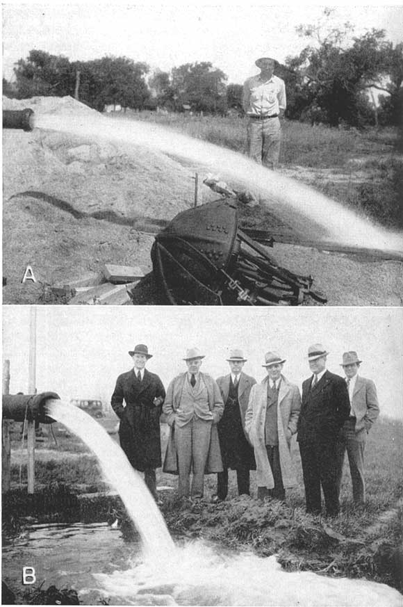 Two photos showing water pouring from well standpipes.