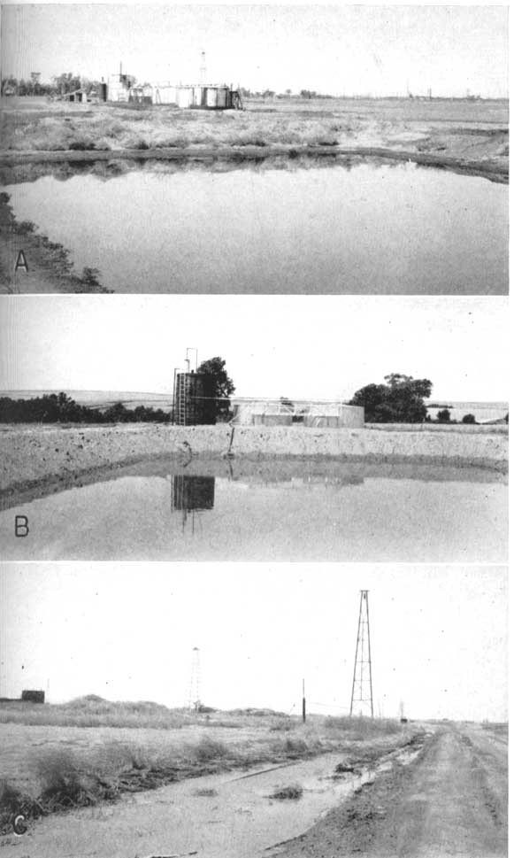 Three photos: two showing disposal ponds, one showing road ditch with water.