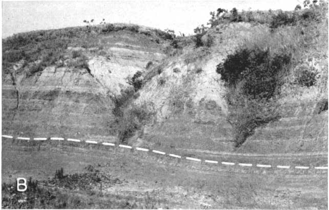 Black and white photo showing hillside; unconformity marked on photo; hilltop has two large eroded gullies.