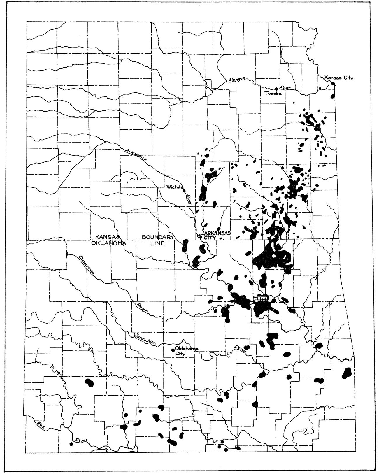 Map showing location of Arkansas City with reference to the oil and gas fields of Kansas and Oklahoma.