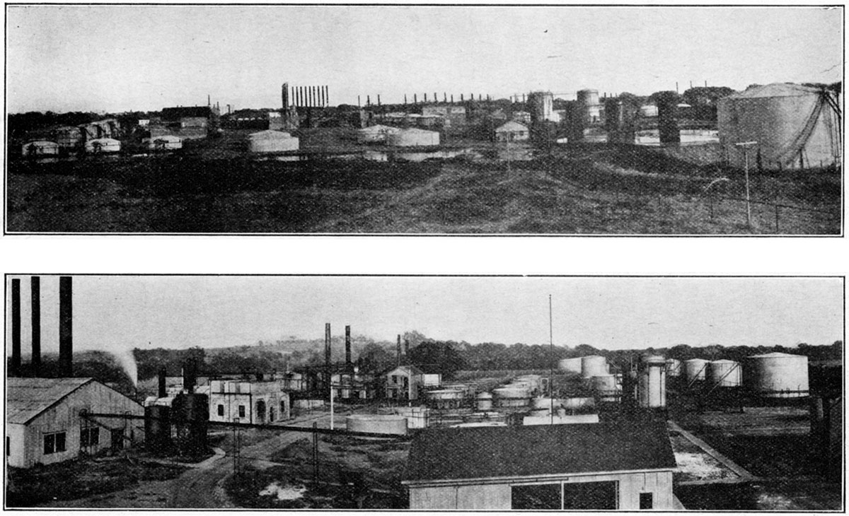 Black and white photos; top is of Milliken oil refinery; bottom is of Kanotex oil refinery.