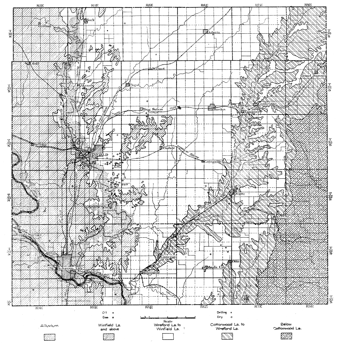 Geological and production map of Cowley County, Kansas.