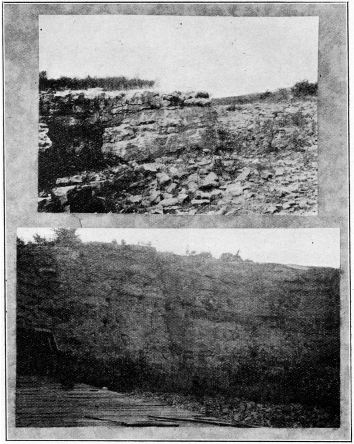 Two black and white photos; top is of outcrop of Herington limestone; bottom is Fort Riley limestone.