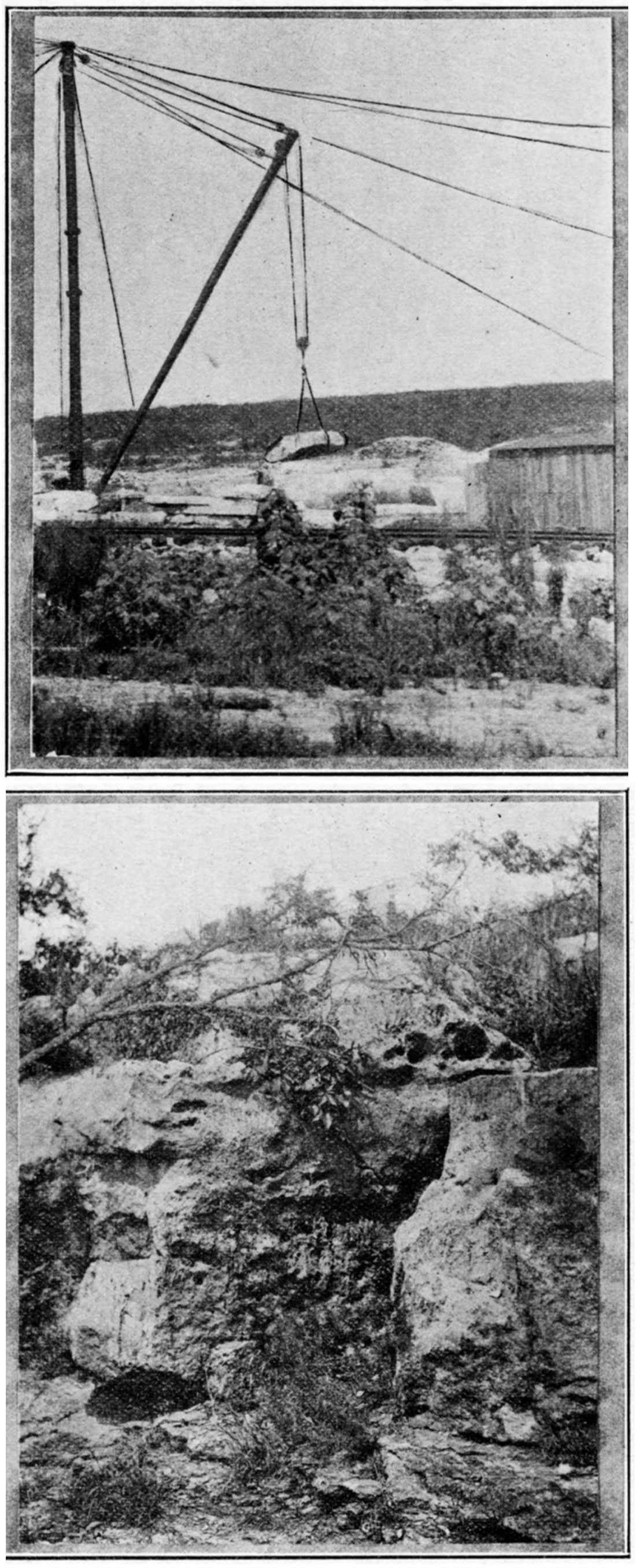 Two black and white photos; top is of Fort Riley limestone north of Silverdale; bottom is Winfield limestone at Horseshoe Hill.
