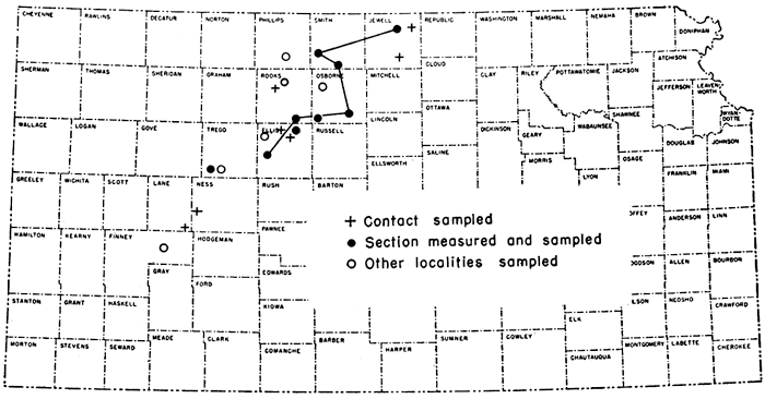 Samples were taken in a broad line from Jewell southwest to Lane and Finney counties.