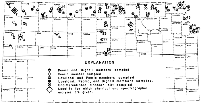 Map of Kansas shows location of sample sites across northern half of state.