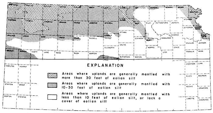 Areas of more then 30 feet of loess generally in far west; most areas in eastern part of study area have less than 10 feet of loess or it is missing.