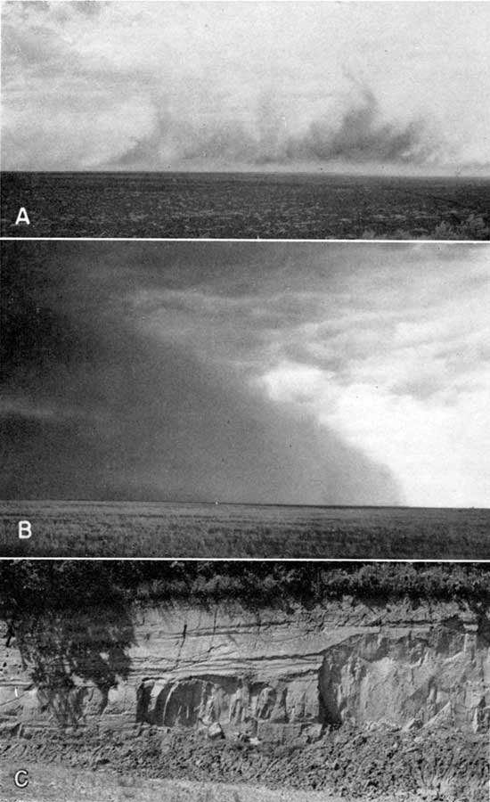 Three black and white photos; top two photos are of dust blowing over western Kansas; bottom photo is of Bignell and Peoria silt in roadcut.