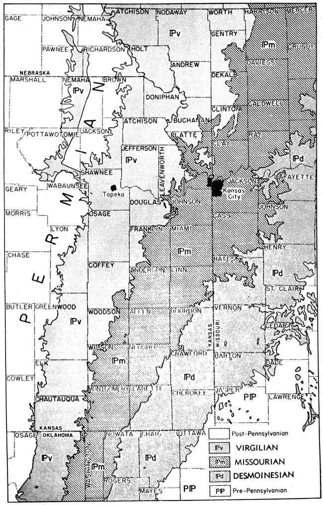 Map shows where three divisions of Pennsylvanian rocks outcrop in eastern third of Kansas