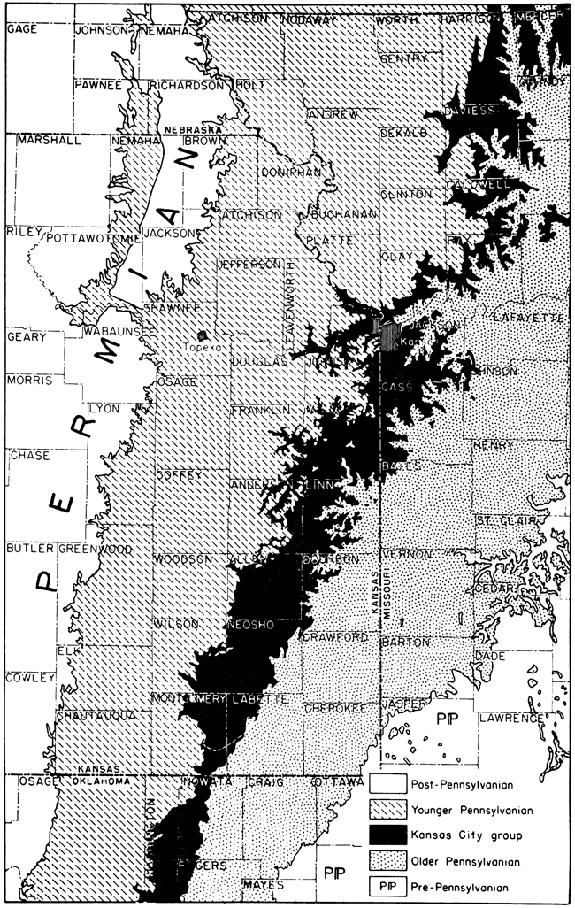 Kansas City Grp crops out in eastern Montgomery and western Labette, SE Wilson, Neosho, Allen, western Bourbon, eastern Allen and western Linn, eastern Franking, Miami, and parts of Johnson, Douglas, Leavenworth, and Wyandotte.