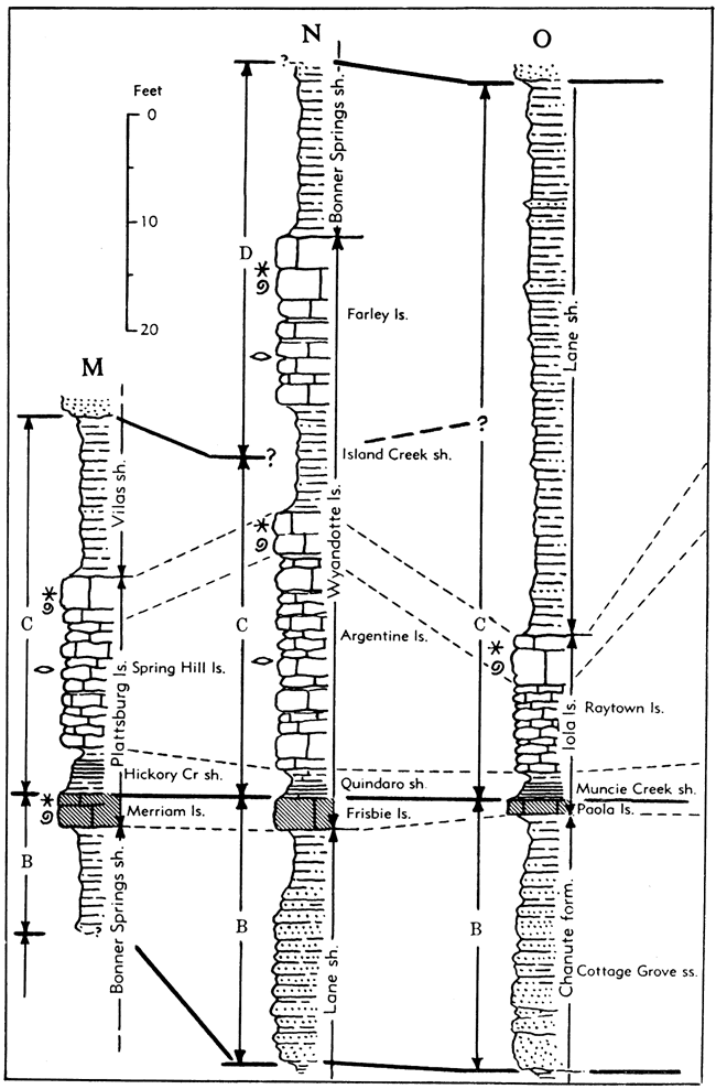 Three sections showing megacyclothems and cyclothems.