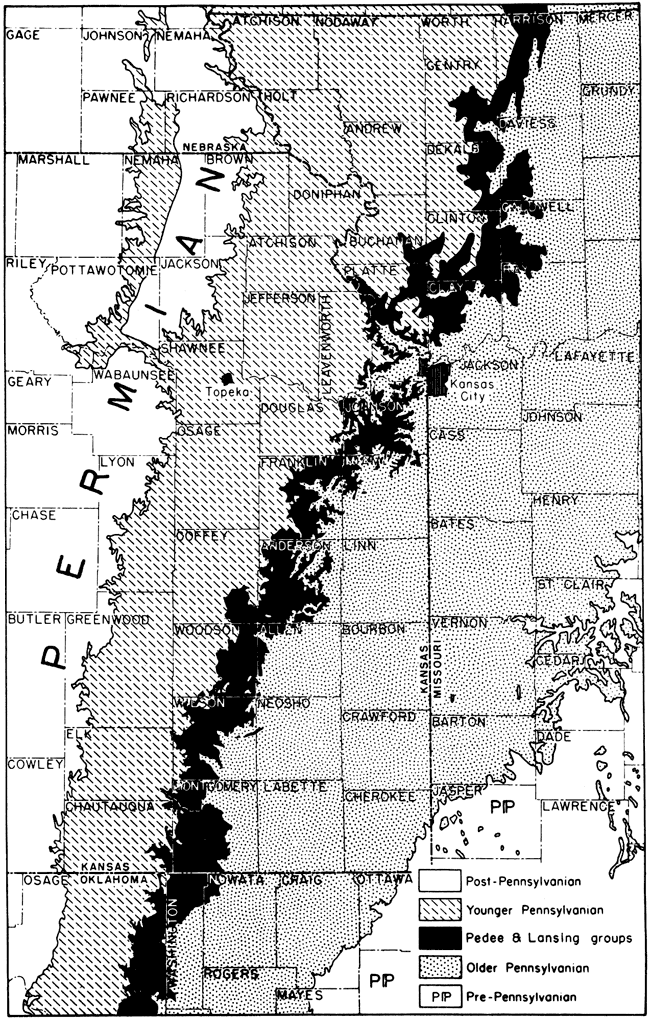 Lansing and Pedee groups crop out in eastern Chautauqua, Montgomery, Wilson, Woodson, SE Coffey, Anderson, Franklin, Johnson, and a little in Wyandotte and Leavenworth.