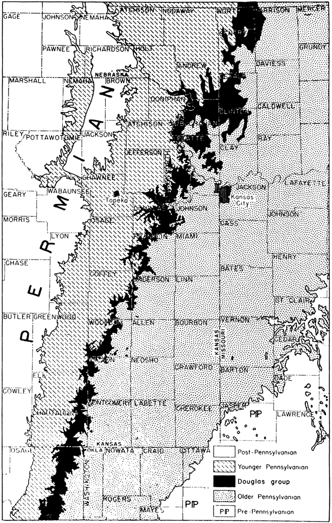 Douglas Gp crops out in narrow band from eastern Chautauqua and Elkm Western Wilson, central Woodson, SE Coffey, western Franklin, Douglas, Leavenworth, to far eastern Atchison and Doniphan.