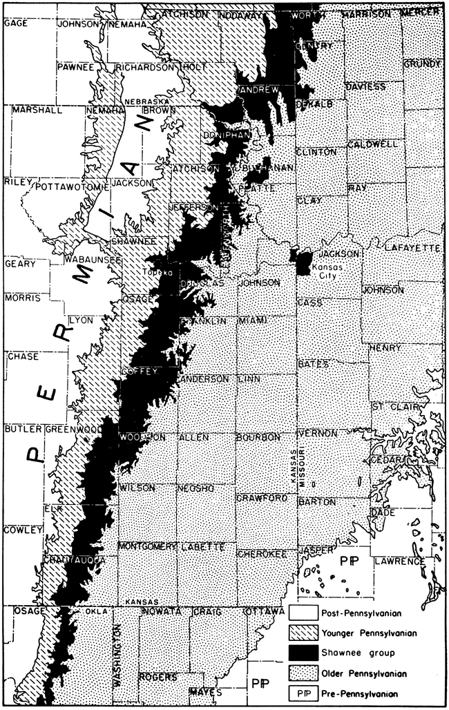 Shawnee outcrops in band from Chautauqua, Elk, Greenwood, Woodson, Coffey, Osage, Shawnee, Douglas, Jefferson, Leavenworth, Atchison, and Doniphan.