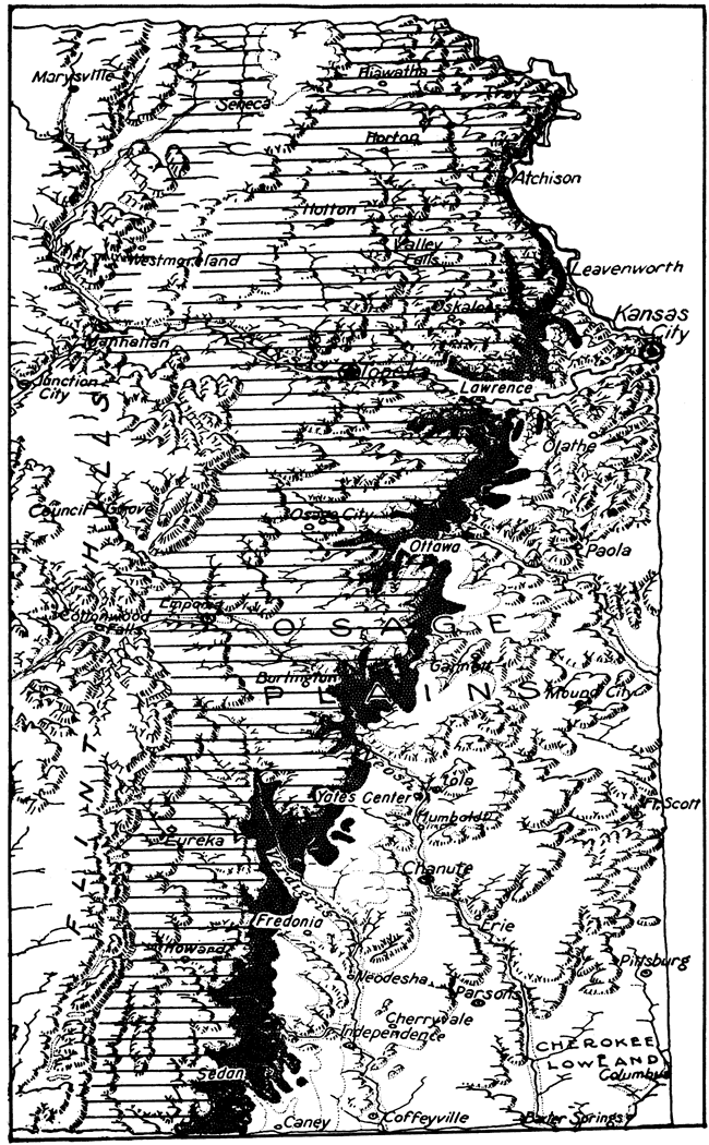 Sketch of eastern Kansas showing outcrop belts and escarpments.