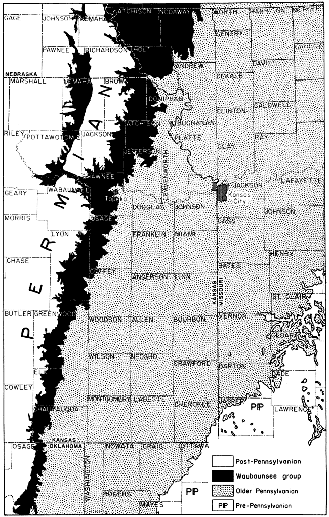 Wabaunsee Gp crops out in western Chautauqua, Elk, Greenwood, eastern Lyon, western Osage, Shawnee, Jackson, Jefferson, Atchison, Brown, and eastern Doniphan; another area in Pottawatomie and Nemaha.