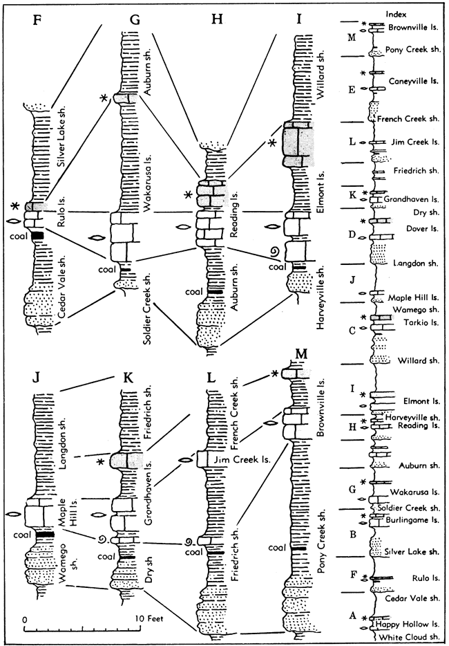 Cyclothems and megacyclothems are shown on eight sections; index shows units of figures 36 and 37.