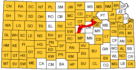 Map of Kansas showing counties that are subjects of reports; this study covers part of Salina, Dickinson, Geary counties.