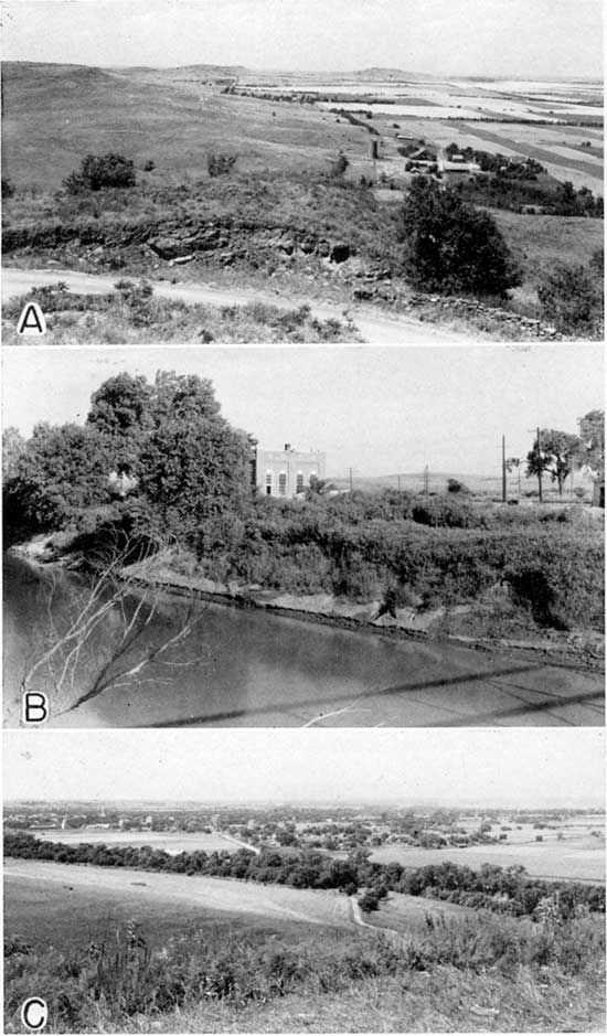 Three black and white photos; top is view from Coronado Hill; middle is brick pumping building along bank of river; bottom is view of valley where two streams converge.