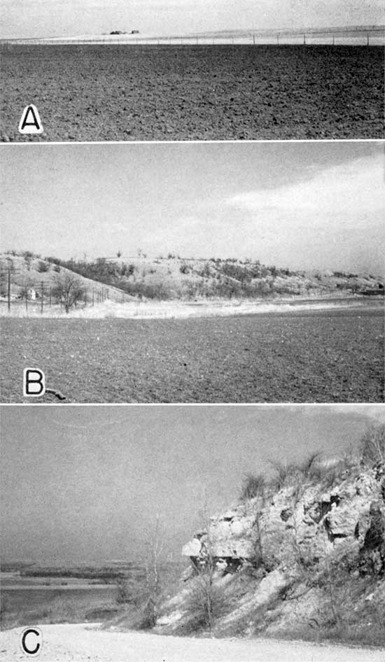 Three black and white photos; top two show cultivated fields near gentle bluffs; bottom photo is rocky outcrop of limestone.