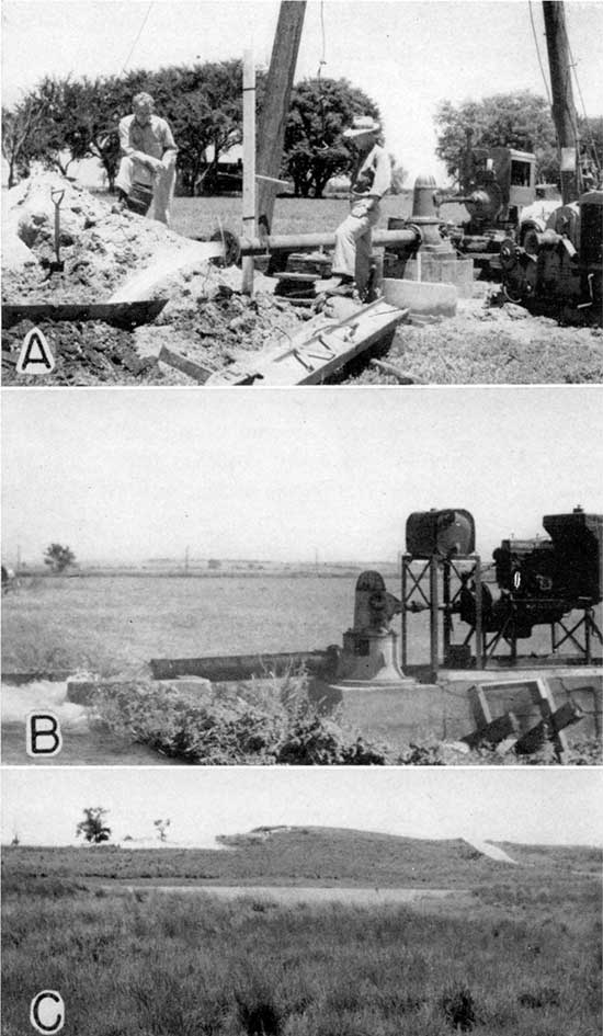 Three black and white photos; top shows two people observing water from pumping well; middle shows irrigation well flowing; bottom photo is small pond in hills and grassland.