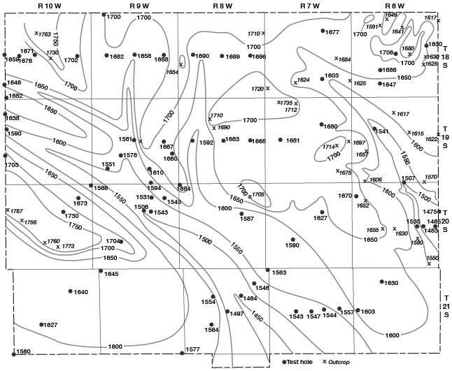 Map of Rice County showing the general topography of the Cretaceous and older rocks.