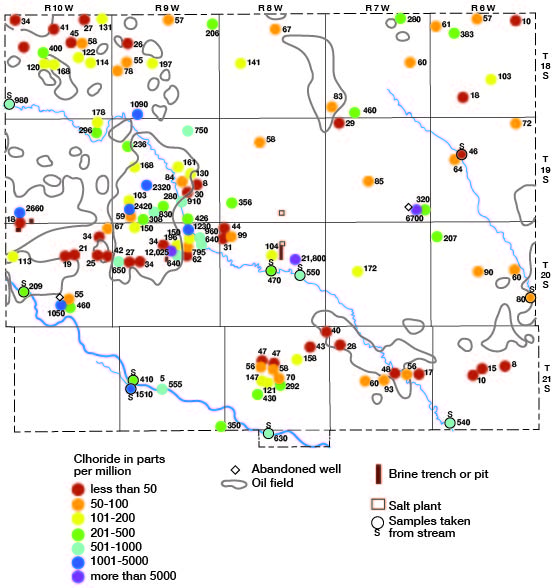 Map of Rice County showing the chloride content of water from wells, test holes, and streams.