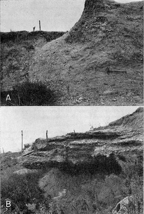 Two black and white photos; top is silt of the Chase Channel formation overlying the Kiowa shale; bottom is conglomerate of the Meade formation.