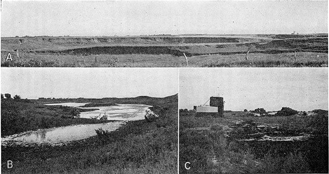 Three black and white photos; top is panorama of stream valley in late Wisconsinan terrace; left bottom is interdune water-table pond; right bottom is disposal pit constructed in dune sand.