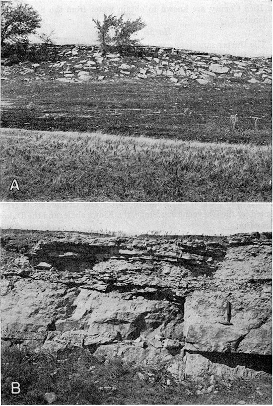 Two black and white photos; top is slump blocks of the Stone Corral dolomite above Ninnescah shale; bottom is Stone Corral dolomite in quarry.