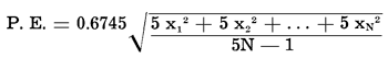 Error = 0.6745 times the square root of (sum of 5 times the sqares of x, divided by 5 times the number of reading minus 1)